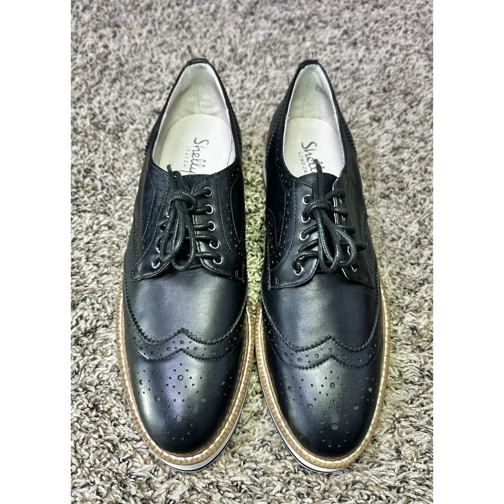 Shellys London Emma Black Leather Platform Oxfords Womens Size 9 EUR 40 Shoes